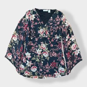 New York City Design Co Vintage Y2K Silk Flare Sleeve Floral Top Size L